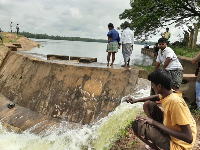 ಕೆರೆ ಕೋಡಿ ಬಿದ್ದಿರುವುದನ್ನು ಜನ ಕುತೂಹಲದಿಂದ ನೋಡುತ್ತಿದ್ದಾರೆ.
