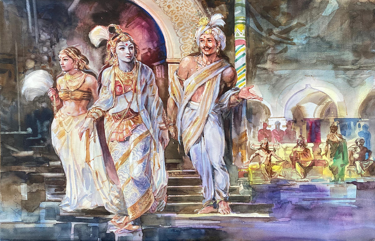 ಧೃಷ್ಟದ್ಯಮ್ನನು ದ್ರೌಪದಿಯನ್ನು ಸ್ವಯಂವರ ಮಂಟಪಕ್ಕೆ ಕರೆತರುತ್ತಿರುವುದು