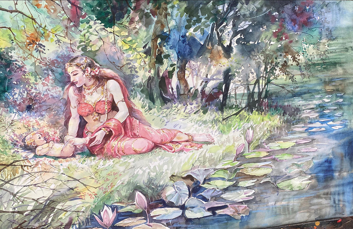 ಕರ್ಣನನ್ನು ಪಡೆದ ಬಳಿಕ ಚಕಿತಳಾಗಿ ನೋಡುತ್ತಿರುವ ಕುಂತಿ