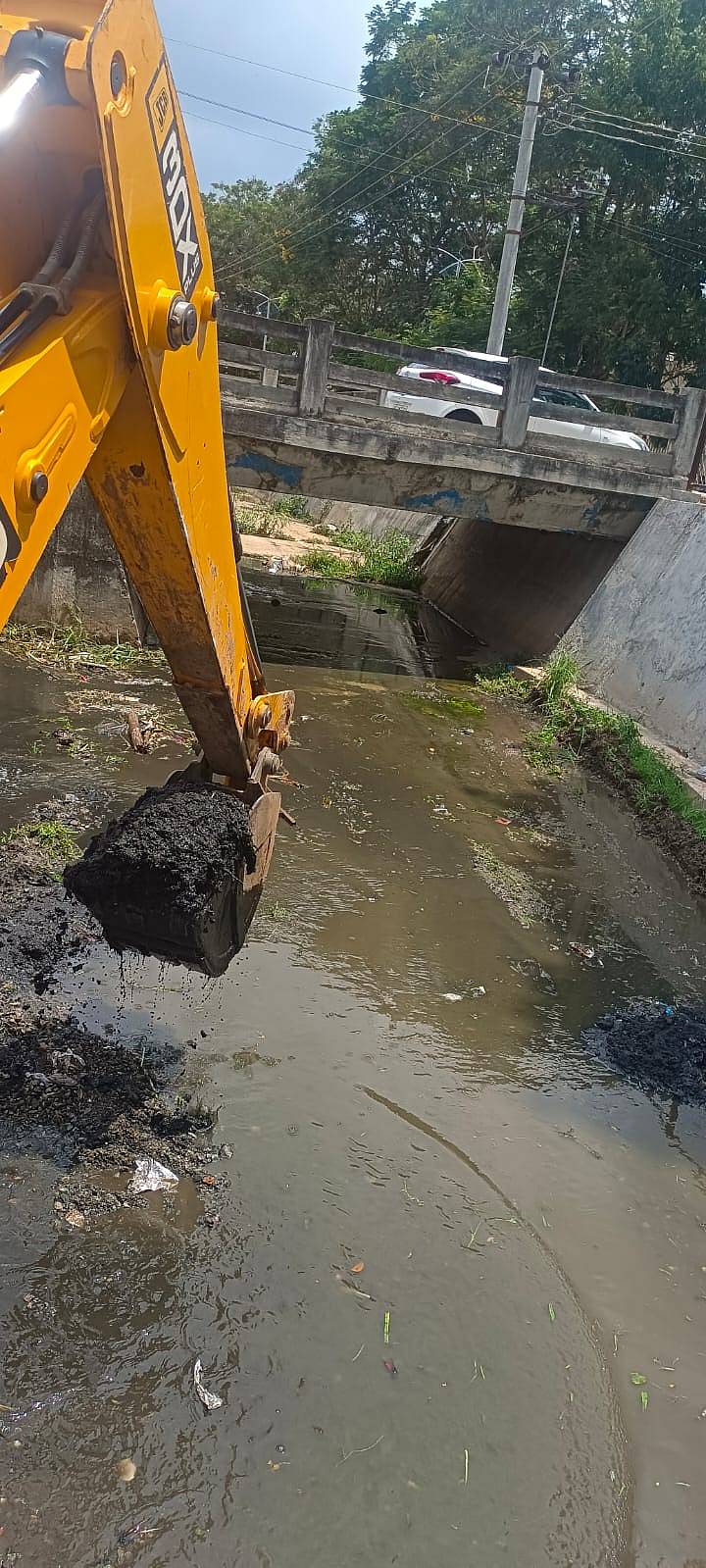 ಹಾಸನದಲ್ಲಿ ರಾಜಕಾಲುವೆಯ ಹೂಳು ತೆಗೆಯುತ್ತಿರುವುದು.