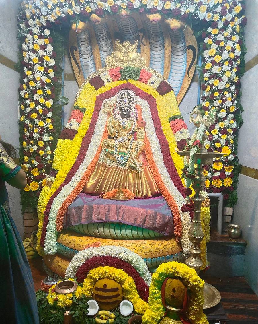 ಆನೇಕಲ್ನ ಸಂತೆ ಬೀದಿಯಲ್ಲಿನ ಓಂ ಆದಿಪರಾಶಕ್ತಿ ಪೀಠದಲ್ಲಿ 17ನೇ ವರ್ಷದ ಆಡಿಪುರಂ ಗಂಜಿಪೂಜಾ ಅಂಗವಾಗಿ ದೇವಿಗೆ ವಿಶೇಷ ಅಲಂಕಾರ ಮಾಡಲಾಗಿತ್ತು