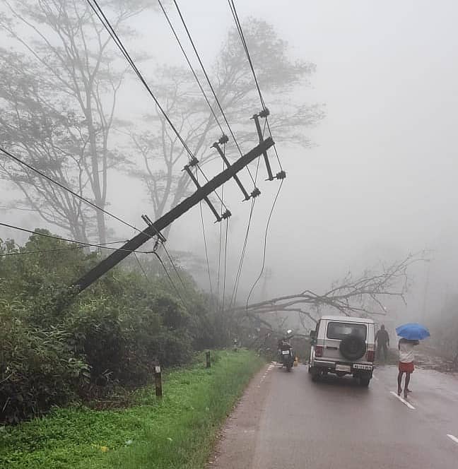 ಮಡಿಕೇರಿಯ ಅರಣ್ಯ ಭವನದ ಸಮೀಪ ಶನಿವಾರ ಮರ ಬಿದ್ದು ವಿದ್ಯುತ್ ಕಂಬ ಹಾನಿಯಾಗಿರುವುದು