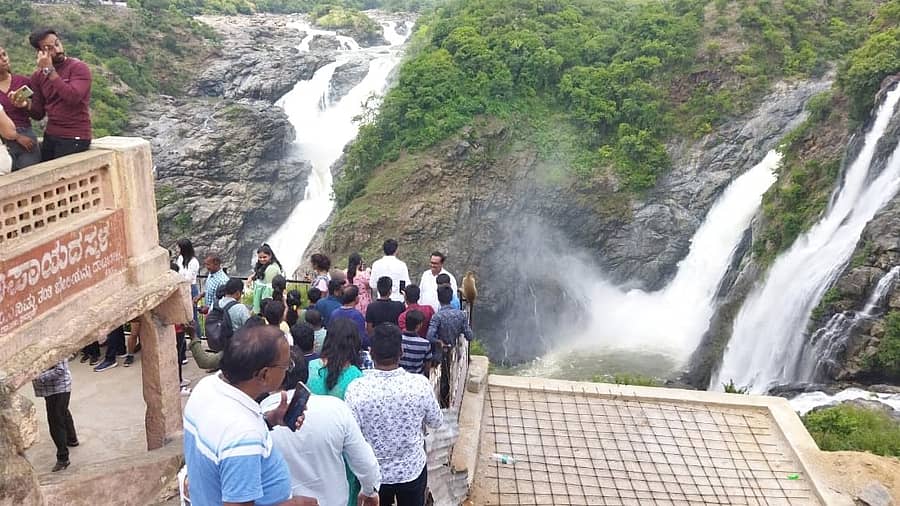 ಮಳವಳ್ಳಿ ತಾಲ್ಲೂಕಿನ ಶಿವನಸಮುದ್ರ(ಬ್ಲಪ್) ಬಳಿಯ ಗಗನಚುಕ್ಕಿ ಜಲತಾಪ ವೀಕ್ಷಣೆಗೆ ಭಾನುವಾರ ಪ್ರವಾಸಿಗರ ದಂಡೇ ಹರಿದು ಬಂದಿದೆ