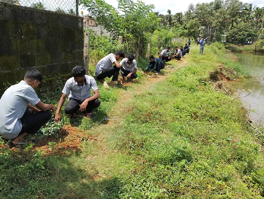 ಶಿರಸಿಯ ರಾಯನಕೆರೆ ದಂಡೆಯ ಮೇಲೆ ಅರಣ್ಯ ಪದವಿ ಮೊದಲ ವರ್ಷದ ವಿದ್ಯಾರ್ಥಿಗಳು ಗಿಡಗಳ ನಾಟಿ ಕಾರ್ಯದಲ್ಲಿ ತೊಡಗಿರುವುದು.