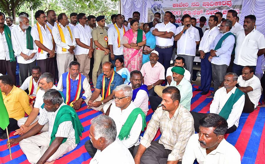 ತಮಿಳುನಾಡಿಗೆ ಕಾವೇರಿ ನೀರು ಹರಿಸುತ್ತಿರುವುದನ್ನು ಖಂಡಿಸಿ ಜಿಲ್ಲಾ ರೈತ ಹಿತರಕ್ಷಣಾ ಸಮಿತಿ ನಗರದ ಸರ್ ಎಂ.ವಿ ಪ್ರತಿಮೆ ಎದುರು ನಡೆಸುತ್ತಿರುವ ಪ್ರತಿಭಟನಾ ಸ್ಥಳಕ್ಕೆ ಕೃಷಿ ಸಚಿವ ಎನ್.ಚಲುವರಾಯಸ್ವಾಮಿ ಭೇಟಿ ನೀಡಿ ಮಾತನಾಡಿದರು