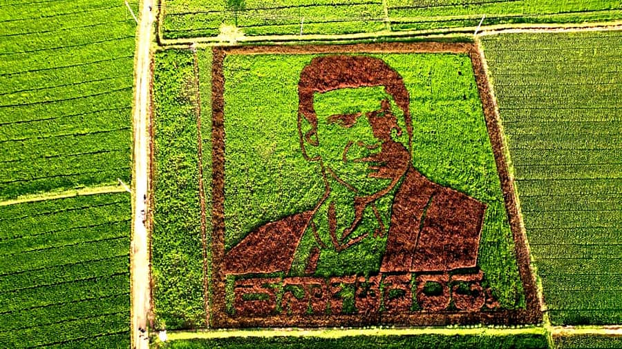 ಸಿರವಾರ ತಾಲ್ಲೂಕಿನ ಡೋಣಿ ಬಸವಣ್ಣ ಕ್ಯಾಂಪಿನ ರೈತ ಕರ್ರಿ ಸತ್ಯನಾರಾಯಣ ಅವರು ತಮ್ಮ ಭತ್ತದ ಗದ್ದೆಯಲ್ಲಿ ಪುನೀತ್ ರಾಜ್ಕುಮಾರ್ ಚಿತ್ರ ಕಾಣುವಂತೆ ಭತ್ತದ ಬೆಳೆ ಬೆಳೆದಿದ್ದಾರೆ.