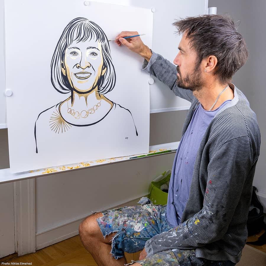 <div class="paragraphs"><p>2023 ನೇ ಸಾಲಿನ ಅರ್ಥಶಾಸ್ತ್ರದ ನೊಬೆಲ್ ಪುರಸ್ಕೃತ ಅಮೆರಿಕದ ಕ್ಲೌಡಿಯಾ ಗೋಲ್ಡಿನ್ ಅವರ ರೇಖಾ ಚಿತ್ರ ಬಿಡಿಸುತ್ತಿರುವ ಕಲಾವಿದ ನಿಕ್ಲಾಸ್ ಎಲ್ಮೆಡ್</p></div>