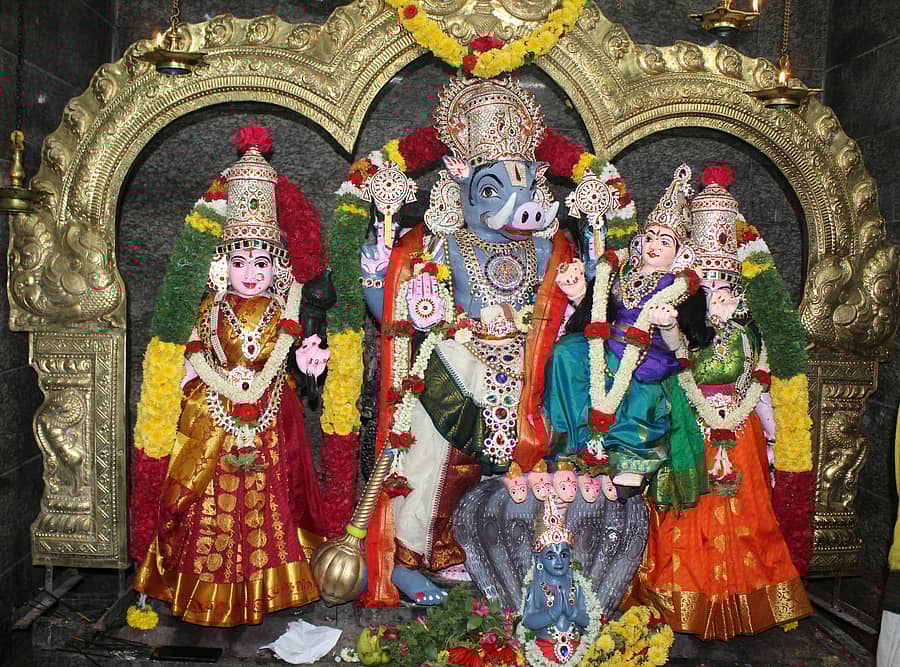 ಆನೇಕಲ್‌ನ ಬರಗೂರು ಪೇಟೆಯ ಶ್ರೀವಲ್ಲಿ ದೇವಸೇನಾ ಸಮೇತ ಸುಬ್ರಮಣ್ಯೇಶ್ವರ ಸ್ವಾಮಿಗೆ ವಿಜಯದಶಮಿ ಪ್ರಯುಕ್ತ ಭೂವರಾಹಸ್ವಾಮಿ ಅಲಂಕಾರ ಮಾಡಲಾಗಿತ್ತು