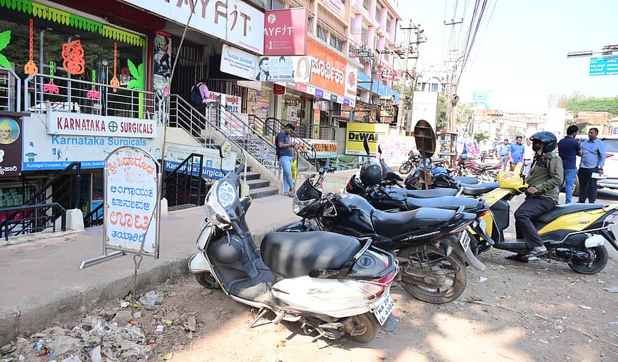 <div class="paragraphs"><p>ಹುಬ್ಬಳ್ಳಿಯ ಬಹುಮಹಡಿ ಕಟ್ಟಡವೊಂದರ ಪಾರ್ಕಿಂಗ್ ಸ್ಥಳದಲ್ಲಿ ವಾಣಿಜ್ಯ ಮಳಿಗೆ ನಿರ್ಮಿಸಿರುವುದರಿಂದ ದ್ವಿಚಕ್ರ ವಾಹನಗಳನ್ನು ರಸ್ತೆಬದಿ ನಿಲ್ಲಿಸಲಾಗಿದೆ </p></div>