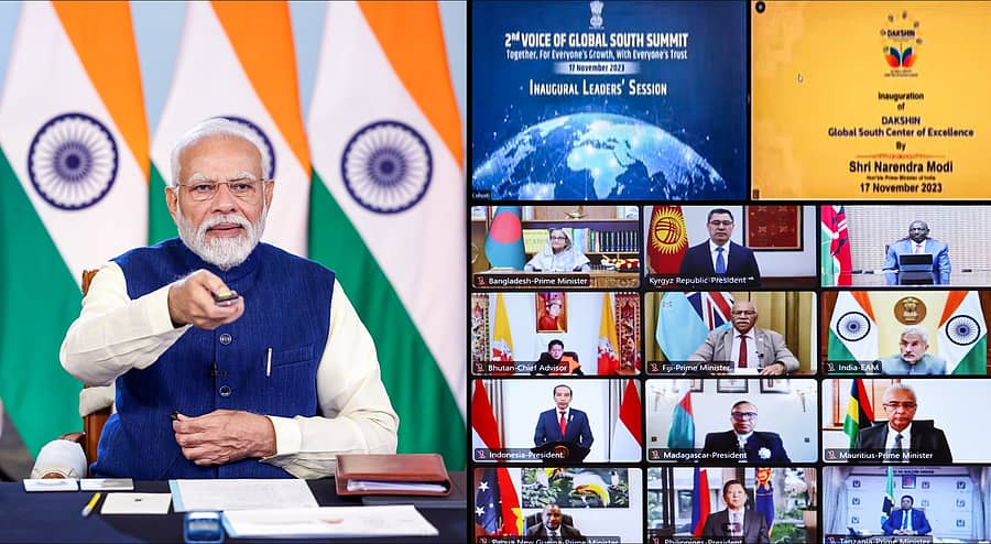 <div class="paragraphs"><p>‘ವಾಯ್ಸ್ ಆಫ್ ಗ್ಲೋಬಲ್ ಸೌತ್’ ಶೃಂಗಸಭೆಯ ಎರಡನೇ ಆವೃತ್ತಿಯನ್ನು ವರ್ಚುವಲ್ ಮೂಲಕ ಉದ್ದೇಶಿಸಿ ಪ್ರಧಾನಿ ನರೇಂದ್ರ ಮೋದಿ ಶುಕ್ರವಾರ ಮಾತನಾಡಿದರು </p></div>