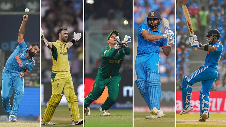 <div class="paragraphs"><p>ಮೊಹಮ್ಮದ್ ಶಮಿ, ಗ್ಲೆನ್ ಮ್ಯಾಕ್ಸ್ವೆಲ್, ಕ್ವಿಂಟನ್ ಡಿ ಕಾಕ್, ರೋಹಿತ್ ಶರ್ಮಾ, ವಿರಾಟ್ ಕೊಹ್ಲಿ</p></div>