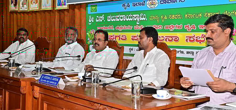 <div class="paragraphs"><p>ದಾವಣಗೆರೆಯ ಜಿಲ್ಲಾ ಪಂಚಾಯಿತಿ ಕಚೇರಿಯಲ್ಲಿ ಬುಧವಾರ ನಡೆದ ದಾವಣಗೆರೆ, ಹಾವೇರಿ ಮತ್ತು ಚಿತ್ರದುರ್ಗ ಜಿಲ್ಲೆ ಕೃಷಿ ಇಲಾಖೆಯ ಪ್ರಗತಿ ಪರಿಶೀಲನಾ ಸಭೆಯಲ್ಲಿ ಕೃಷಿ ಸಚಿವ ಎನ್. ಚಲುವನಾರಾಯಣಸ್ವಾಮಿ ಮಾತನಾಡಿದರು. </p></div>