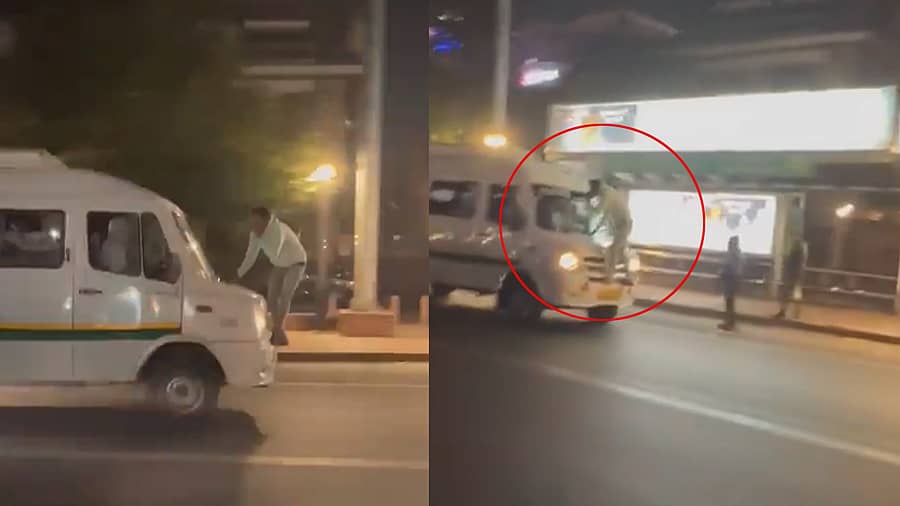 <div class="paragraphs"><p>ಬಾನೆಟ್ ಮೇಲೆ ನಿಂತಿರುವ ವ್ಯಕ್ತಿ</p></div>