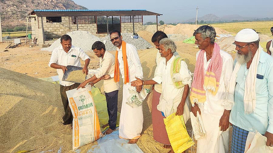 ಕಂಪ್ಲಿ ತಾಲ್ಲೂಕು ಮೆಟ್ರಿ ಗ್ರಾಮದ ರೈತ ಡಂಕನಕಲ್ಲು ಸಿದ್ಧಪ್ಪ ಹೊಲದಲ್ಲಿ ಭತ್ತ ಒಕ್ಕಲು ಬಳಿಕ ವಿವಿಧ ದೇವಸ್ಥಾನಗಳ ಅರ್ಚಕರಿಗೆ ಭತ್ತವನ್ನು ದಾನವಾಗಿ ನೀಡುತ್ತಿರುವ ದೃಶ್ಯ