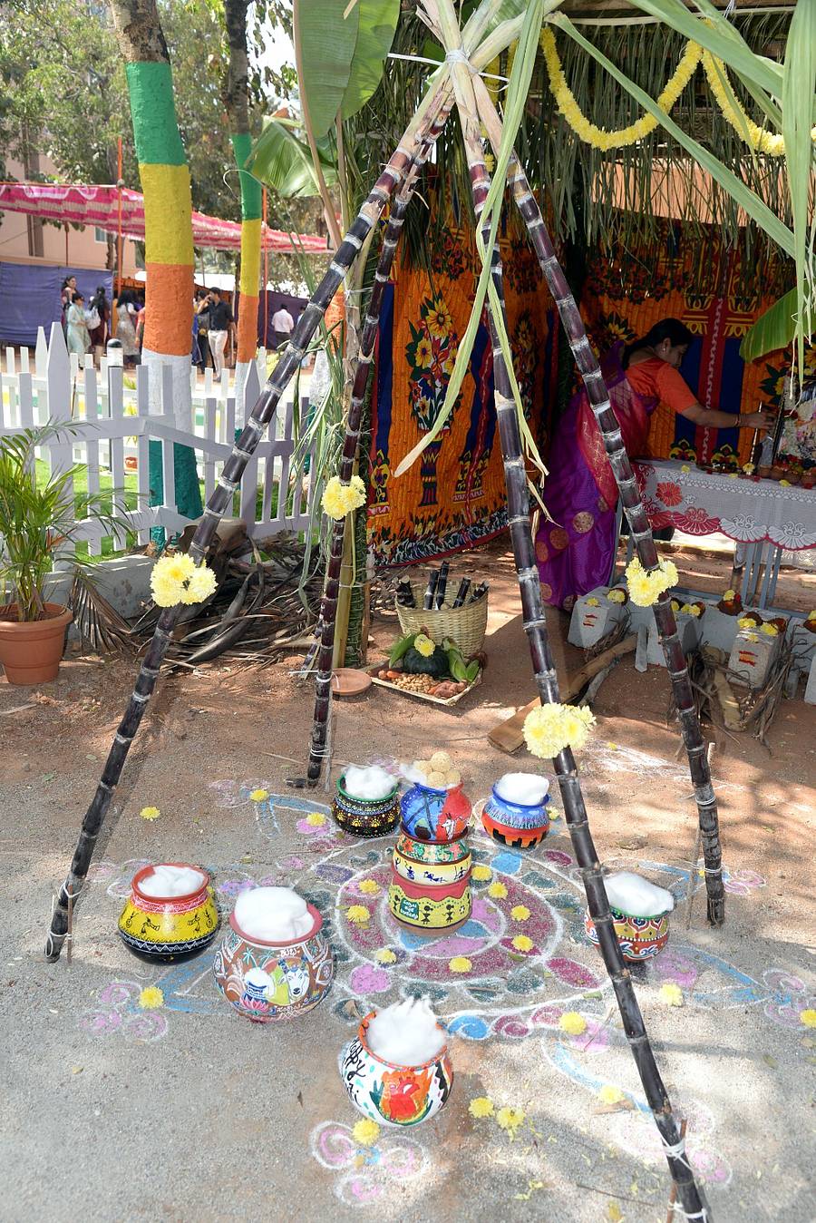 ಚನ್ನಪಟ್ಟಣ ತಾಲ್ಲೂಕಿನ ಮುದಗೆರೆ ಬಳಿಯ ಚಾಮುಂಡೇಶ್ವರಿ ವೈದ್ಯಕೀಯ ಮಹಾವಿದ್ಯಾಲಯಲ್ಲಿ ನಡೆದ ‘ಸುಗ್ಗಿ ಸಂಭ್ರಮ’ದಲ್ಲಿ ಕಬ್ಬಿನ ಜಲ್ಲೆಯಿಂದ ಮಾಡಿದ್ದ ಅಲಂಕಾರ ಗಮನ ಸೆಳೆಯಿತು