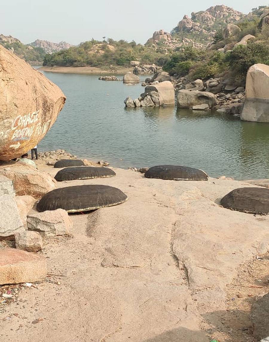 ಗಂಗಾವತಿ ತಾಲ್ಲೂಕಿನ ಸಾಣಾಪುರ ಕೆರೆಯಲ್ಲಿ ಮಂಗಳವಾರ ಹರಿಗೋಲು ಬುಟ್ಟಿ ಕೆಲಸ ನಿಲ್ಲಿಸಿರುವ ಚಿತ್ರಣ