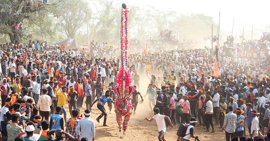 ಶಿಕಾರಿಪುರ ತಾಲ್ಲೂಕಿನ ತರಲಘಟ್ಟ ಗ್ರಾಮದಲ್ಲಿ ಭಾನುವಾರ ನಡೆದ ರಾಜ್ಯಮಟ್ಟದ ಹೋರಿ ಬೆದರಿಸುವ ಸ್ಪರ್ಧೆಯಲ್ಲಿ ಆಕರ್ಷಕವಾಗಿ ಸಿಂಗರಿಸಿದ್ದ ಹೋರಿಯೊಂದನ್ನು ಹಿಡಿಯಲು ಮುಂದಾದ ಉತ್ಸಾಹಿಗಳು...
ಪ್ರಜಾವಾಣಿ ಚಿತ್ರ: ಎಚ್.ಎಸ್. ರಘು