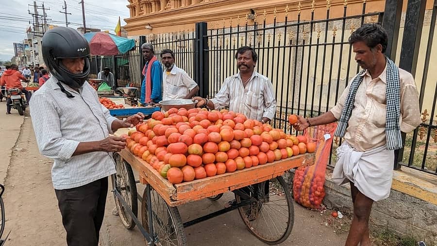 ಚಾಮರಾಜನಗರದ ತಳ್ಳುಗಾಡಿಯೊಂದರಲ್ಲಿ ಟೊಮೆಟೊ ಖರೀದಿಯಲ್ಲಿ ತೊಡಗಿದ್ದ ವ್ಯಾಪಾರಿ