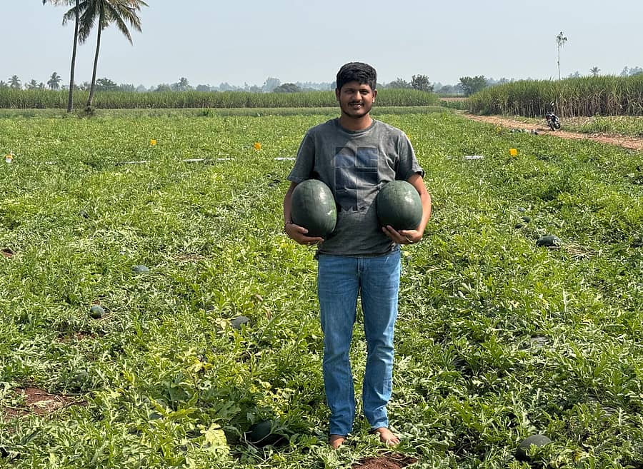 ತಾವು ಬೆಳೆದ ಕಲ್ಲಂಗಡಿ ಹಣ್ಣುಗಳೊಂದಿಗೆ ಮೂಡಲಗಿ ತಾಲ್ಲೂಕಿನ ಹಳ್ಳೂರ ಗ್ರಾಮದ ಯುವ ರೈತ ಓಂಕಾರ ಕುಲಕರ್ಣಿ 