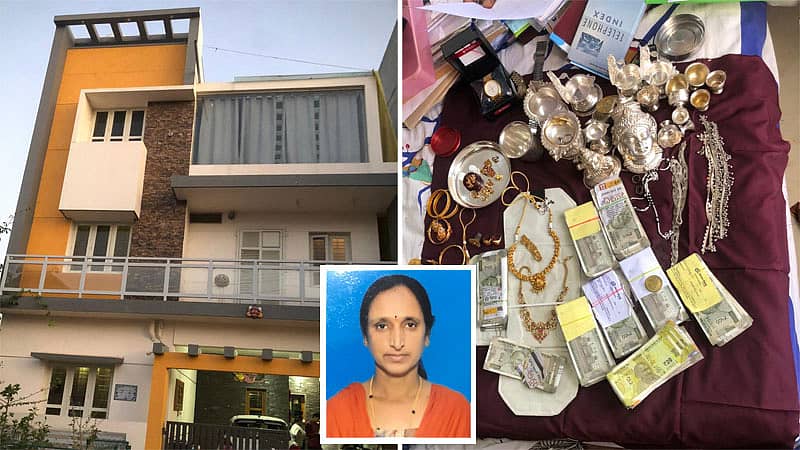 <div class="paragraphs"><p>ವಾಣಿಜ್ಯ ತೆರಿಗೆ ಅಧಿಕಾರಿ ಕೆ.ಆರ್. ನೇತ್ರಾವತಿ ಅವರ ಮನೆ (ಎಡ) ಹಾಗೂ ಲೋಕಾಯುಕ್ತ ದಾಳಿ ವೇಳೆ ಪತ್ತೆಯಾದ ನಗದು, ಆಭರಣಗಳು (ಬಲ). ಒಳಚಿತ್ರದಲ್ಲಿ ನೇತ್ರಾವತಿ </p></div>