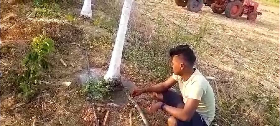 ಮುಂಡಗೋಡ ತಾಲ್ಲೂಕಿನ ಕೊಪ್ಪ ಗ್ರಾಮದ ರೈತ ಪಿ.ಜಿ.ತಂಗಚ್ಚನ್‌ ಅವರ ತೋಟದಲ್ಲಿ ಟ್ಯಾಂಕರ್‌ ಮೂಲಕ ಅಡಿಕೆ ಗಿಡಗಳಿಗೆ ನೀರುಣಿಸುತ್ತಿರುವುದು