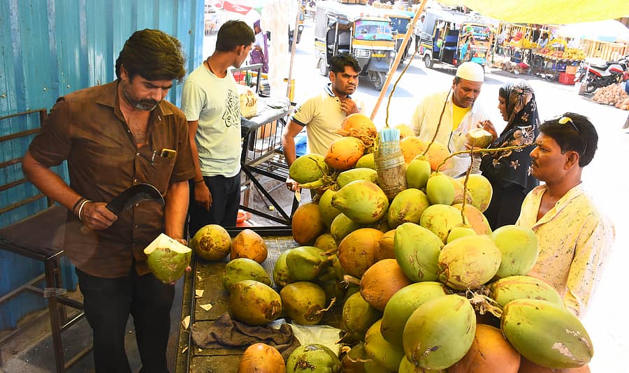 ಯಾದಗಿರಿ ನಗರದ ಮಹಾತ್ಮ ಗಾಂಧಿ ವೃತ್ತದ ಸಮೀಪ ಎಳನೀರು ಮಾರಾಟ ಮಾಡುತ್ತಿರುವ ವ್ಯಾಪಾರಿ