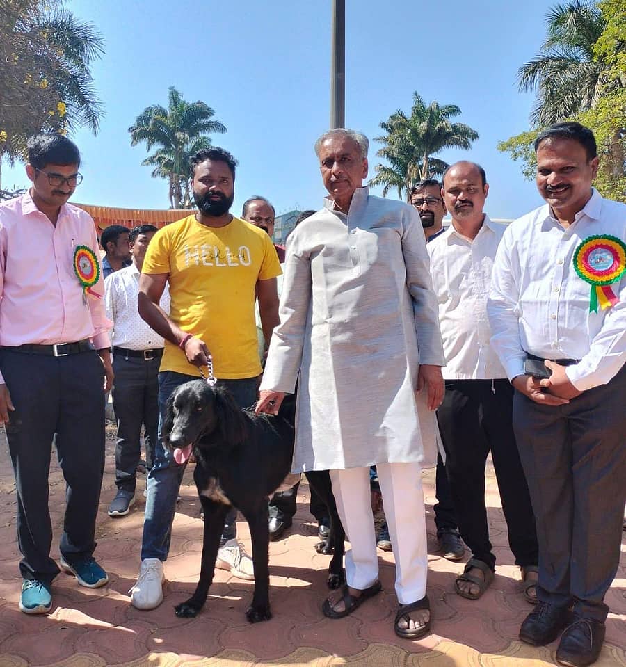 ಹುಬ್ಬಳ್ಳಿಯ ಇಂದಿರಾ ಗಾಜಿನಮನೆ ಆವರಣದಲ್ಲಿ ಭಾನುವಾರ ನಡೆದ ಪ್ರಾಣಿಗಳ ಅರಿವು ಮೂಡಿಸುವ ಶಿಬಿರ ಹಾಗೂ ಜಿಲ್ಲಾಮಟ್ಟದ ಶ್ವಾನ ಪ್ರದರ್ಶನದಲ್ಲಿ ವಿಧಾನ ಪರಿಷತ್ ಸಭಾಪತಿ ಬಸವರಾಜ ಹೊರಟ್ಟಿ ಅವರು ಶ್ವಾನವನ್ನು ವೀಕ್ಷಿಸಿದರು