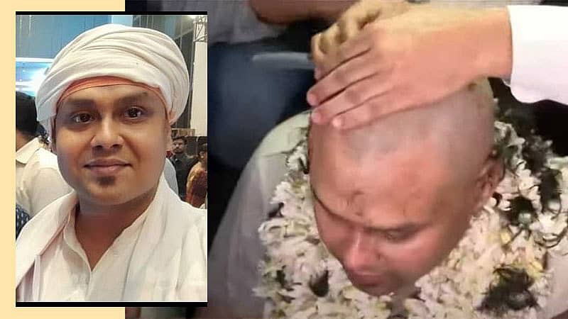 <div class="paragraphs"><p>ಕೌಸ್ತವ್ ಬಾಗ್ಚಿ (ಎಡ). ತಲೆ ಬೋಳಿಸಿಕೊಳ್ಳುತ್ತಿರುವ ಸಂದರ್ಭ (ಬಲ)</p></div>