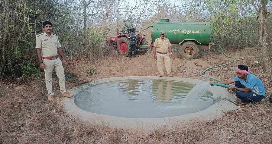 ಹಾನಗಲ್ ತಾಲ್ಲೂಕಿನಲ್ಲಿ ಕಾಡು ಪ್ರಾಣಿಗಳ ಸಾಂದ್ರತೆ ಅಧಿಕವಾಗಿರುವ ಅರಣ್ಯ ಪ್ರದೇಶದಲ್ಲಿ ಕೃತಕ ತೊಟ್ಟಿ ನಿರ್ಮಿಸಿ ಟ್ಯಾಂಕರ್ ಮೂಲಕ ನೀರು ತುಂಬಿಸಲಾಗುತ್ತಿದೆ