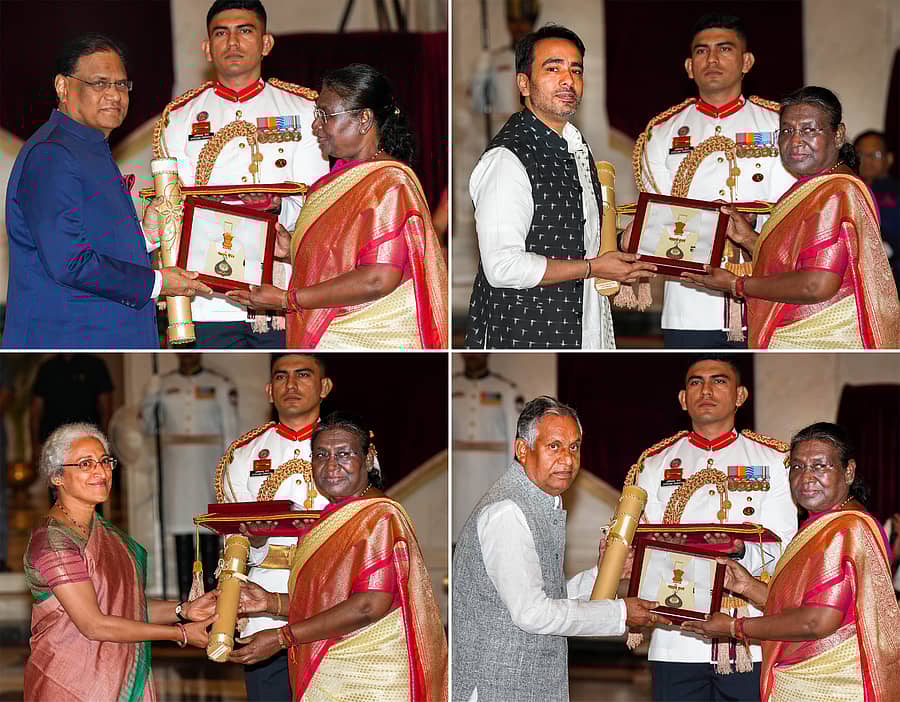 <div class="paragraphs"><p>ಮಾಜಿ ಪ್ರಧಾನಿಗಳಾದ ಚೌಧರಿ ಚರಣ್‌ ಸಿಂಗ್‌, ಪಿ.ವಿ. ನರಸಿಂಹ ರಾವ್‌, ಕೃಷಿ ವಿಜ್ಞಾನಿ ಎಂ.ಎಸ್‌. ಸ್ವಾಮಿನಾಥನ್‌ ಮತ್ತು ಬಿಹಾರದ ಮಾಜಿ ಮುಖ್ಯಮಂತ್ರಿ ಕರ್ಪೂರಿ ಠಾಕೂರ್‌ ಅವರಿಗೆ&nbsp;ದೇಶದ ಅತ್ಯುನ್ನತ ನಾಗರಿಕ ಪ್ರಶಸ್ತಿಯಾದ ‘ಭಾರತ ರತ್ನ’ವನ್ನು ಮರಣೋತ್ತರವಾಗಿ&nbsp;ಶನಿವಾರ ಪ್ರದಾನ ಮಾಡಲಾಯಿತು.</p></div>