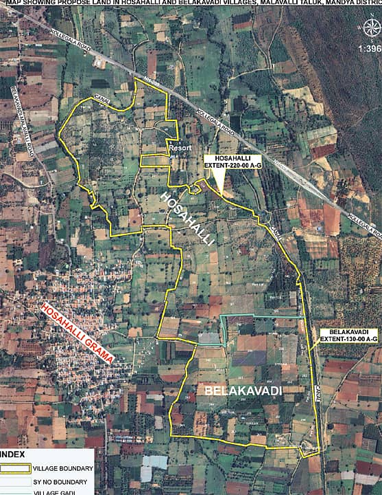 ರಾಷ್ಟ್ರೀಯ ಹೆದ್ದಾರಿ-209ಕ್ಕೆ ಹೊಂದಿಕೊಂಡಂತೆ ಇರುವ ಮಳವಳ್ಳಿ ತಾಲ್ಲೂಕಿನ ಹೊಸಹಳ್ಳಿಯ ಹಾಗೂ ಬೆಳಕವಾಡಿಯ 350 ಎಕರೆ ಜಮೀನಿನ ನಕ್ಷೆ