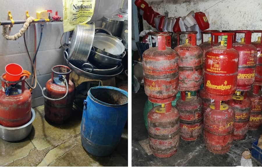 ಬೀದರ್ನ ಸಿದ್ದಿ ವಿನಾಯಕ ದರ್ಶಿನಿ ಉಡುಪಿ ಹೋಟೆಲ್ನಿಂದ ಜಪ್ತಿ ಮಾಡಿಕೊಂಡಿರುವ ಗೃಹ ಬಳಕೆಯ ಎಲ್ಪಿಜಿ ಸಿಲಿಂಡರ್ಗಳು