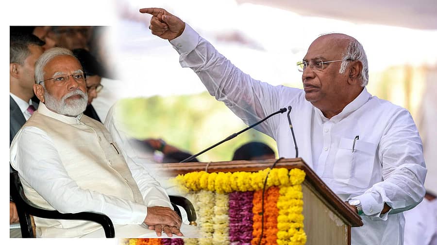 <div class="paragraphs"><p>ಪ್ರಧಾನಿ ನರೇಂದ್ರ ಮೋದಿ ಹಾಗೂ ಕಾಂಗ್ರೆಸ್ ಅಧ್ಯಕ್ಷ ಮಲ್ಲಿಕಾರ್ಜುನ ಖರ್ಗೆ</p></div>