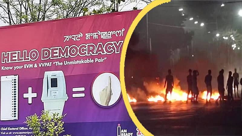 <div class="paragraphs"><p>ಮಣಿಪುರದಲ್ಲಿ ಸ್ಥಳೀಯ ಚುನಾವಣಾ ಆಯೋಗದ ಅಧಿಕಾರಿಗಳು ಹಾಕಿರುವ ಬ್ಯಾನರ್ (ಎಡ) ಹಾಗೂ ಹಿಂಸಾಚಾರದ ಸಂದರ್ಭದಲ್ಲಿ ತೆಗೆದ ಚಿತ್ರ</p><p><br></p></div>