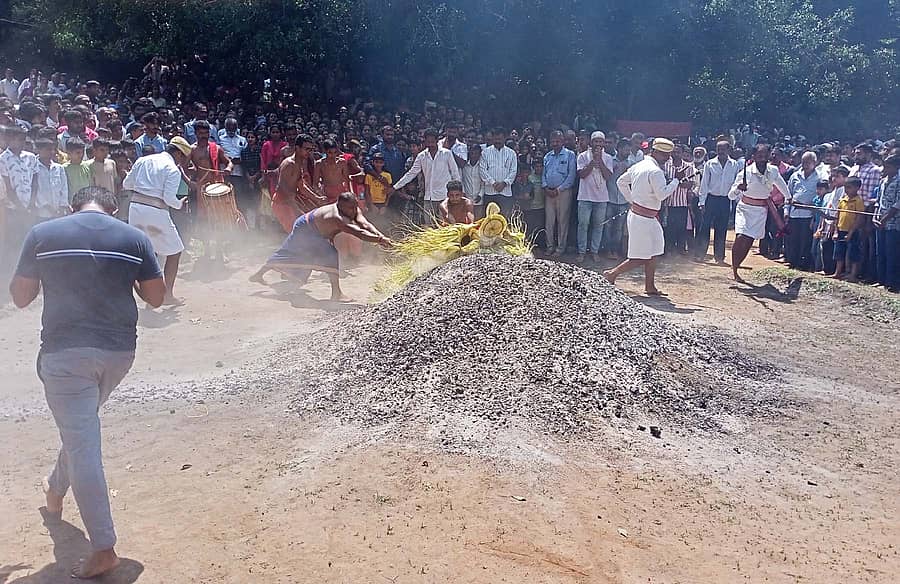 ನಾಪೋಕ್ಲು ಸಮೀಪದ ಬೇತು ಗ್ರಾಮದ ಮಕ್ಕಿ ಶಾಸ್ತಾವು ದೇವಾಲಯದಲ್ಲಿ ಶನಿವಾರ  ನಡೆದ ವಾರ್ಷಿಕ ಉತ್ಸವದಲ್ಲಿ ವಿಷ್ಣುಮೂರ್ತಿ ಕೋಲ ಕೆಂಡದ ರಾಶಿಗೆ ಬೀಳುವ ದೃಶ್ಯವನ್ನು ಭಕ್ತರು ವಿಕ್ಷಿಸಿದರು.
