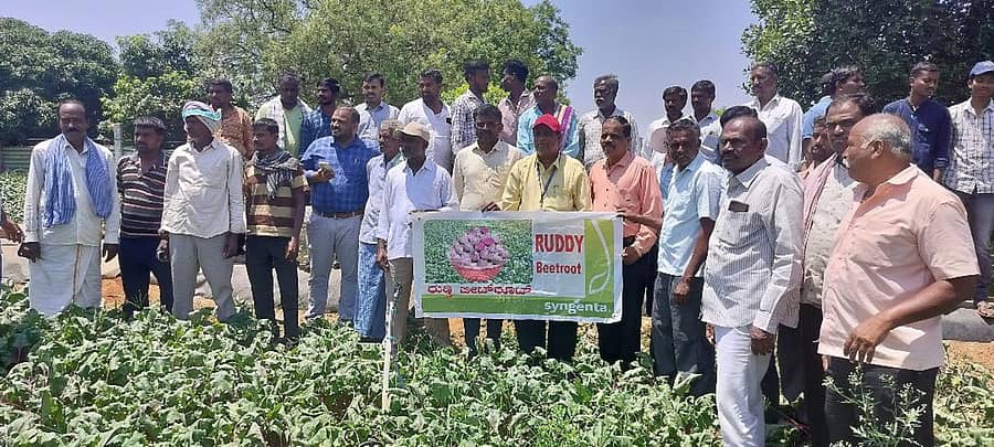 ಚಿಂತಾಮಣಿ ತಾಲ್ಲೂಕಿನ ಮೂಡ್ಲಚಿಂತಲಹಳ್ಳಿ ಗ್ರಾಮದಲ್ಲಿ ಆಯೋಜಿಸಿದ್ದ ಬೀಟ್ರೂಟ್ ಬೆಳೆಯ ಕ್ಷೇತ್ರೋತ್ಸವದಲ್ಲಿ ಭಾಗವಹಿಸಿದ್ದ ವಿಜ್ಞಾನಿಗಳು ಮತ್ತು ರೈತರು