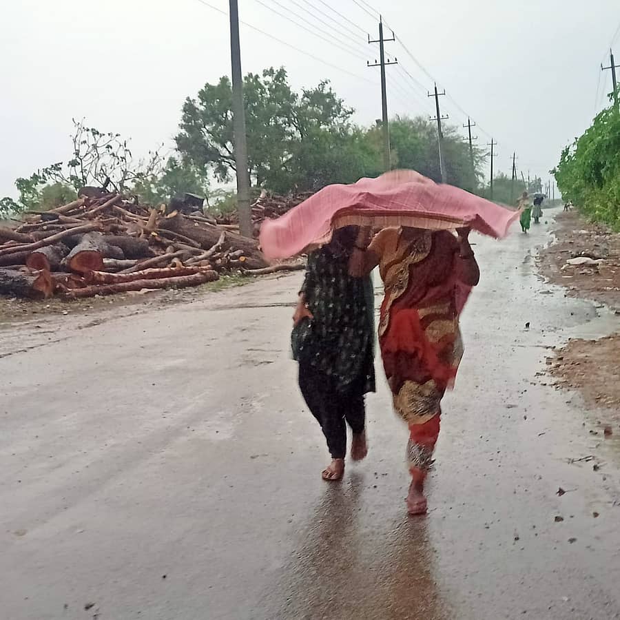 ಡಂಬಳ ಗ್ರಾಮದಲ್ಲಿ ಗುರುವಾರ ಸುರಿದ ಮಳೆಯಲ್ಲಿ ಕೃಷಿ ಚಟುವಟಿಕೆಗೆ ಜಮೀನುಗಳಗೆ ಹೋಗಿದ್ದ ತಾಯಿ ಮತ್ತು ಮಗಳು ವಸ್ತ್ರ ತಲೆಮೇಲೆ ಹಾಕಿಕೊಂಡು ಮಳೆಯಲ್ಲಿ ಬರುತ್ತಿರುವ ಚಿತ್ರಣ