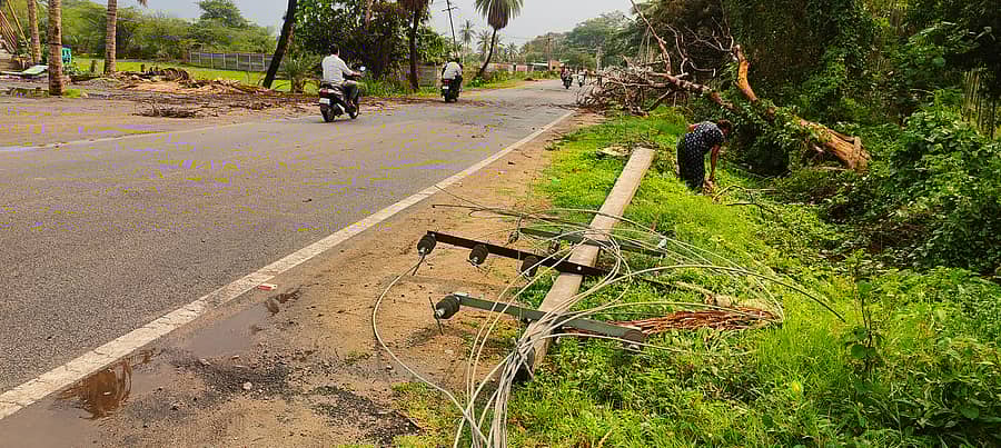 ಕೊರಟಗೆರೆ ಹೊರವಲಯದ ಹುಲಿಕುಂಟೆ ರಸ್ತೆಯಲ್ಲಿ ಬಿರುಗಾಳಿಗೆ ಉರುಳಿದದ ವಿದ್ಯುತ್ ಕಂಬ