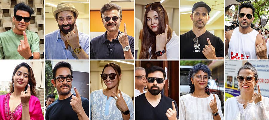 <div class="paragraphs"><p>ಮತದಾನ ಮಾಡಿದ ಬಾಲಿವುಡ್ ಮಂದಿ. ಎಡದಿಂದ ಬಲಕ್ಕೆ: ಮನೋಜ್ ಬಾಜ್ಪೇಯಿ, ಸನ್ನಿ ಡಿಯೋಲ್, ಅನಿಲ್ ಕಪೂರ್, ಐಶ್ವರ್ಯಾ ರೈ, ಹೃತಿಕ್ ರೋಷನ್, ವರುಣ್ ಧವನ್ (ಕೆಳಗಿನ ಸಾಲು) ಜಾಹ್ನವಿ ಕಪೂರ್, ಅಮೀರ್ ಖಾನ್, ಸೋನಾಕ್ಷಿ ಸಿನ್ಹಾ, ಇಮ್ರಾನ್ ಹಾಶ್ಮಿ, ಕಿರಣ್ ರಾವ್, ವಿದ್ಯಾ ಬಾಲನ್</p></div>