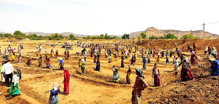 ಮೊಳಕಾಲ್ಮುರು ತಾಲ್ಲೂಕಿನ ಕೋನಾಪುರ ಗ್ರಾಮದ ಕೆರೆ ಹೂಳು ಎತ್ತುವ ಕಾರ್ಯದಲ್ಲಿ ನಿರತವಾಗಿರುವ ಕಾರ್ಮಿಕರು