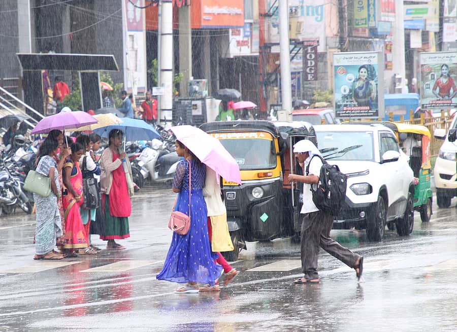 ಹಾಸನದಲ್ಲಿ ಸೋಮವಾರ ಜಡಿ ಮಳೆ ಹಿಡಿದಿದ್ದು, ಜನರು ಕೊಡೆಗಳನ್ನು ಹಿಡಿದು ಹೆಜ್ಜೆ ಹಾಕಿದರು.
