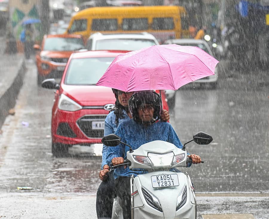 ನಗರದ ಕೆ.ಆರ್. ರಸ್ತೆಯಲ್ಲಿ ಮಳೆ ಬಂದಾಗ ಕೊಡೆ ಹಿಡಿದು ಸಾಗಿದ ವಾಹನ ಸವಾರರು
ಪ್ರಜಾವಾಣಿ ಚಿತ್ರ