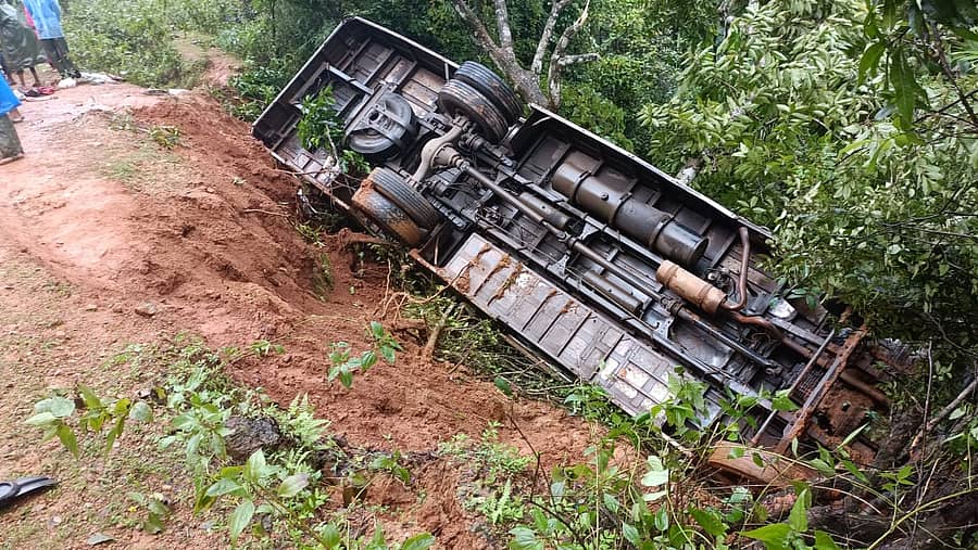 ಹೊಸನಗರ ತಾಲ್ಲೂಕಿನ ನಿಟ್ಟೂರು ಸಮೀಪದ ಗಾಜನೂರು ಕ್ರಾಸ್‌ ಬಳಿ ಸೋಮವಾರ ನಡೆದ ಅಪಘಾತದಲ್ಲಿ ಬಸ್‌ ಉರುಳಿಬಿದ್ದಿರುವುದು