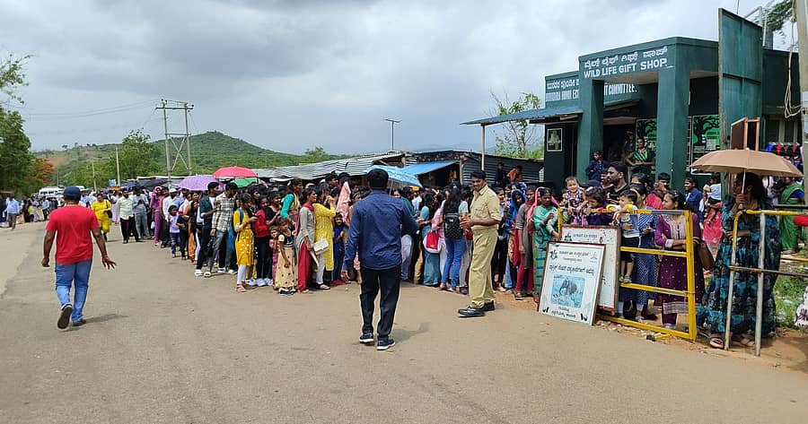 ಗುಂಡ್ಲುಪೇಟೆ ತಾಲ್ಲೂಕಿನ ಹಿಮವದ್ ಗೋಪಾಲಸ್ವಾಮಿ ಬೆಟ್ಟಕ್ಕೆ ತೆರಳಲು ತಪ್ಪಲಿನಲ್ಲಿ ಸರತಿ ಸಾಲಿನಲ್ಲಿ ನಿಂತಿದ್ದ ಭಕ್ತರು