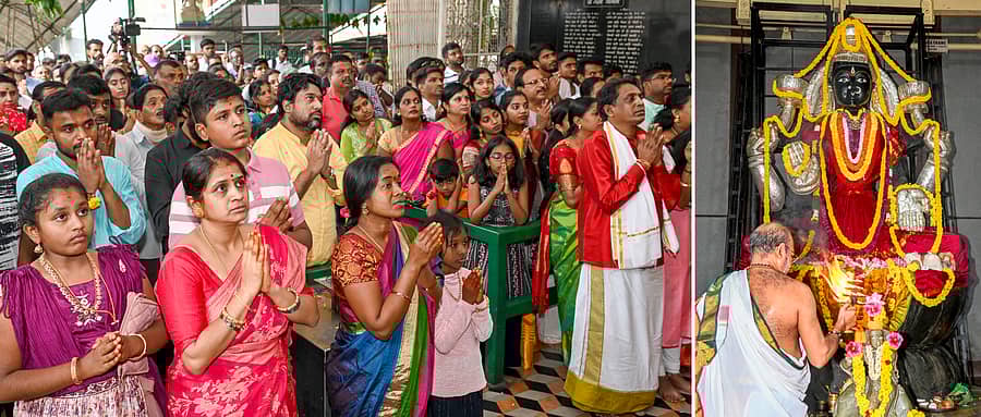ವರಮಹಾಲಕ್ಷ್ಮಿ ಹಬ್ಬದ ಪ್ರಯುಕ್ತ ಮಹಾಲಕ್ಷ್ಮಿ ಲೇಔಟ್‌‌ನಲ್ಲಿರುವ ಪ್ರಸನ್ನ ವೀರಾಂಜನೇಯ ಸ್ವಾಮಿ ದೇವಸ್ಥಾನದಲ್ಲಿ ಲಕ್ಷ್ಮಿ ದೇವಿಗೆ ಭಕ್ತಾದಿಗಳ ಸಮ್ಮುಖದಲ್ಲಿ ವಿಶೇಷ ಪೂಜೆ ನೆರವೇರಿಸಲಾಯಿತು –ಪ್ರಜಾವಾಣಿ ಚಿತ್ರ/ ಎಂ.ಎಸ್‌.ಮಂಜುನಾಥ್‌