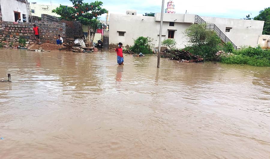 ಕುಷ್ಟಗಿ ತಾಲ್ಲೂಕು ಕಂದಕೂರು ಗ್ರಾಮದ ತಗ್ಗುಪ್ರದೇಶ ಜಲಾವೃತಗೊಂಡಿರುವುದು