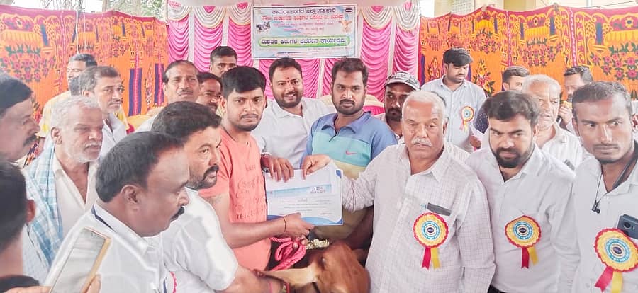 ಚಾಮರಾಜನಗರ ತಾಲ್ಲೂಕಿನ ಪಣ್ಯದಹುಂಡಿಯಲ್ಲಿ ಗುರುವಾರ ತಾಲ್ಲೂಕು ಮಟ್ಟದ ಮಿಶ್ರ ತಳಿ ಕರುಗಳ ಪ್ರದರ್ಶನದಲ್ಲಿ ವಿಜೇತರಿಗೆ ಚಾಮುಲ್ ನಿರ್ದೇಶಕರಾದ ಸದಾಶಿವಮೂರ್ತಿ, ಎಚ್.ಎಸ್. ಬಸವರಾಜು ನಗದು ಬಹುಮಾನ ನೀಡಿದರು.