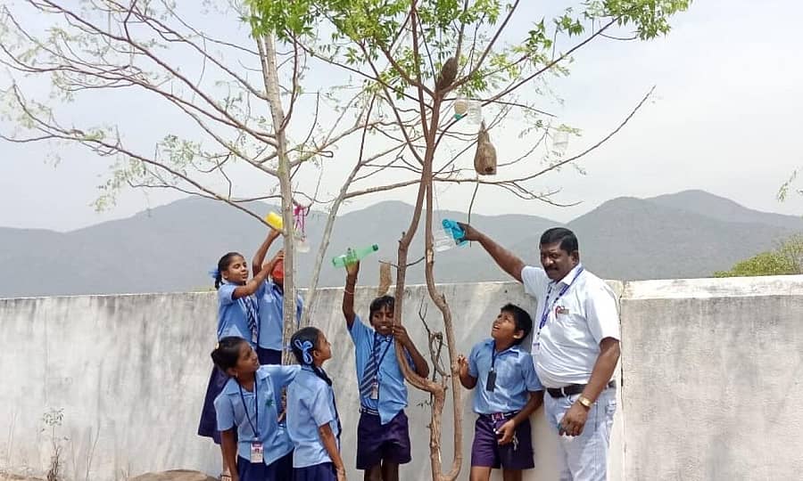 <div class="paragraphs"><p>ಹನೂರು ತಾಲ್ಲೂಕಿನ ಗೋಡೆಸ್ಟ್ ನಗರ ಶಾಲಾ ಆವರಣದಲ್ಲಿರುವ ಮರಗಳಲ್ಲಿ ಪಕ್ಷಿಗಳಿಗೆ ನೀರು ಇಡುತ್ತಿರುವ ಮಕ್ಕಳು ಹಾಗೂ ಶಿಕ್ಷಕ ಜಾನ್ ಬ್ರಿಟೋ</p></div>