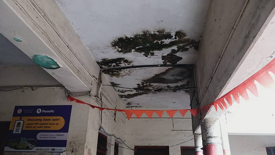 ದಾಂಡೇಲಿಯ ಕೇಂದ್ರ ಬಸ್ ನಿಲ್ದಾಣದ ಚಾವಣಿ ಮಳೆಯ ನೀರಿನಿಂದಾಗಿ ಪಾಚಿ ಕಟ್ಟಿದೆ 