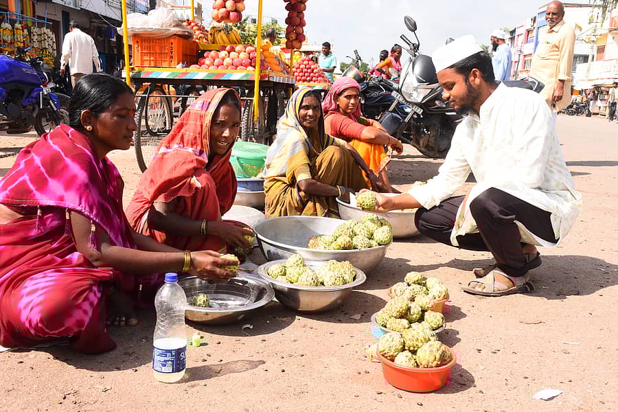 <div class="paragraphs"><p>ಯಾದಗಿರಿಯ ಹಳೆ ಬಸ್ ನಿಲ್ದಾಣ ಸಮೀಪದಲ್ಲಿ ಸೀತಾಫಲ ಹಣ್ಣುಗಳನ್ನು ಮಹಿಳೆಯರು ಬುಟ್ಟಿಗಳಲ್ಲಿ ತಂದು ಮಾರಾಟ ಮಾಡುತ್ತಿದ್ದಾರೆ </p></div>
